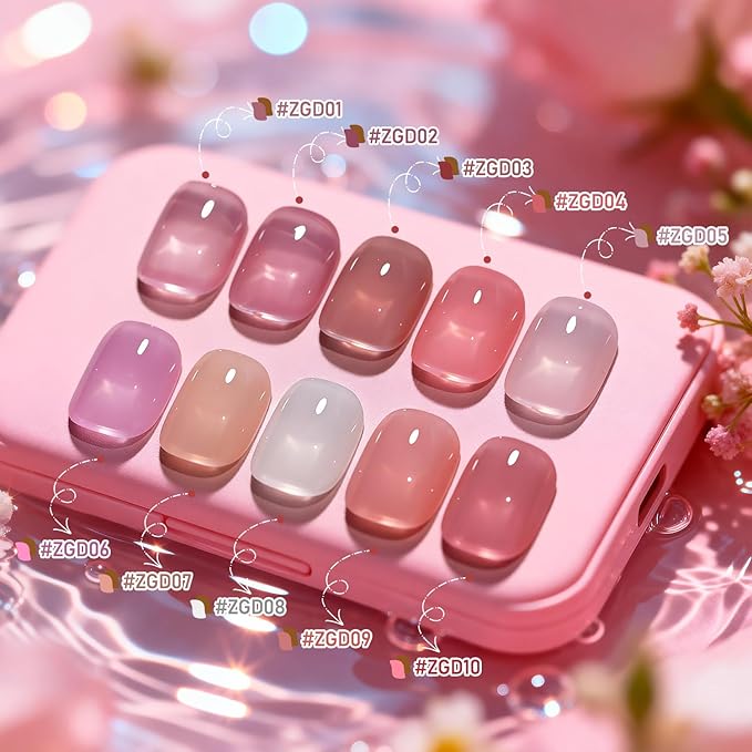 OpenLive Jelly Nail Polish Set, 10 Color With 2Pcs Base and Top Coat Quick Dry High Gloss Shine Nail Polish Non Gel Translucent Milky White Nude Pink Color Holiday Gift Giving