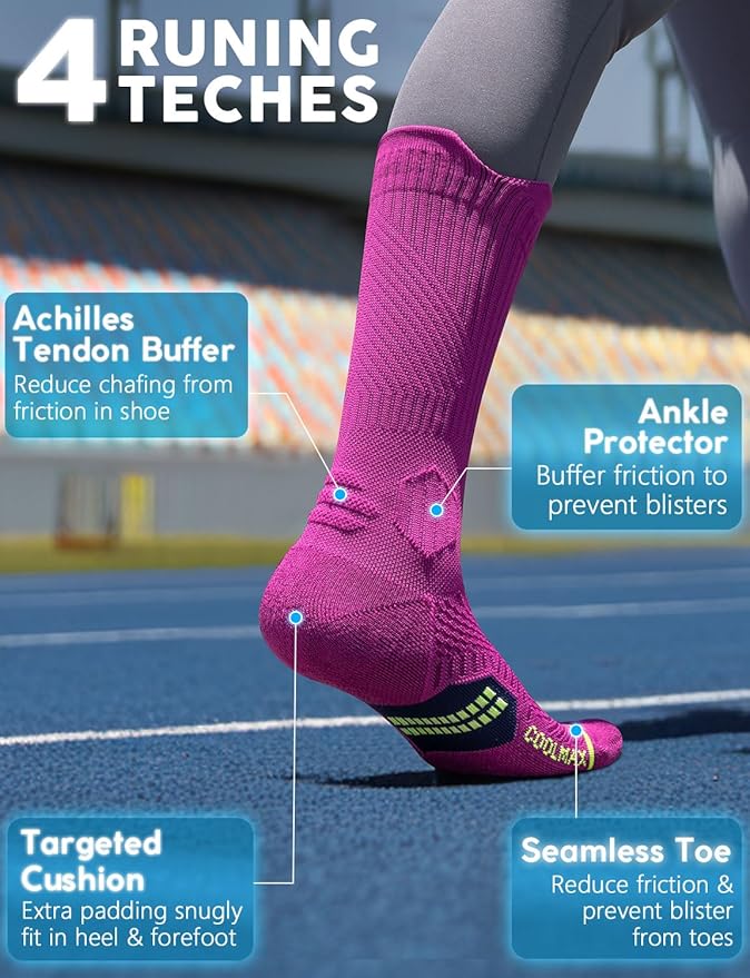 Juclise Womens Coolmax Bamboo Viscose Compression Running Crew Socks, Moisture-Wicking Anti-Blister Hiking&Gym Athletic