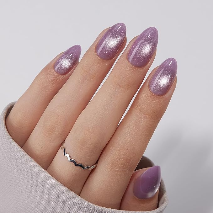 VSALON Press On Nails Short Almond, Purple Cat Eye Glitter Holographic Nails Kit, Reusable Opaque Soft Gel Glue Fake Nails with Glue & Cuticle Oil - 32 PCS in 16 Sizes Valentines Gift for Women