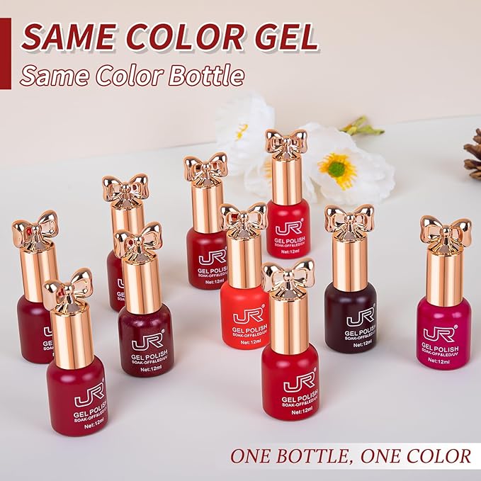 JR 12ml 10colors HEMA Free Red Gel Nail Polish Set Long Lasting Soak off UV Gel Polish Kit Nail Art DIY Manicure Salon Home Gifts for Women D Model