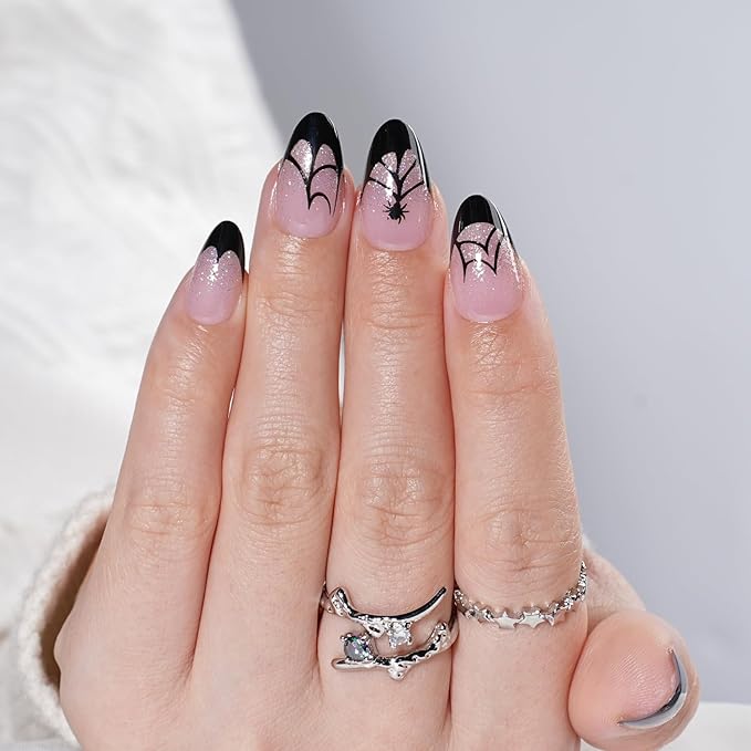 Halloween Press on Nails - Glossy Black French Tip Press on Nail, Short Almond Fake Nails Reusable Nails Press ons for Women, 32 Pieces in 16 Sizes False Nails Kit with Glue, Dark Veil