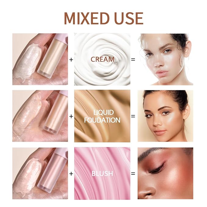 Liquid Highlighter Makeup Liquid Luminizer Glitter 3Pcs, Face Highlighters & Luminizers Body Highlighter for Long Lasting Shimmer, Highlighters Makeup Easy to Apply with Cushion Applicator