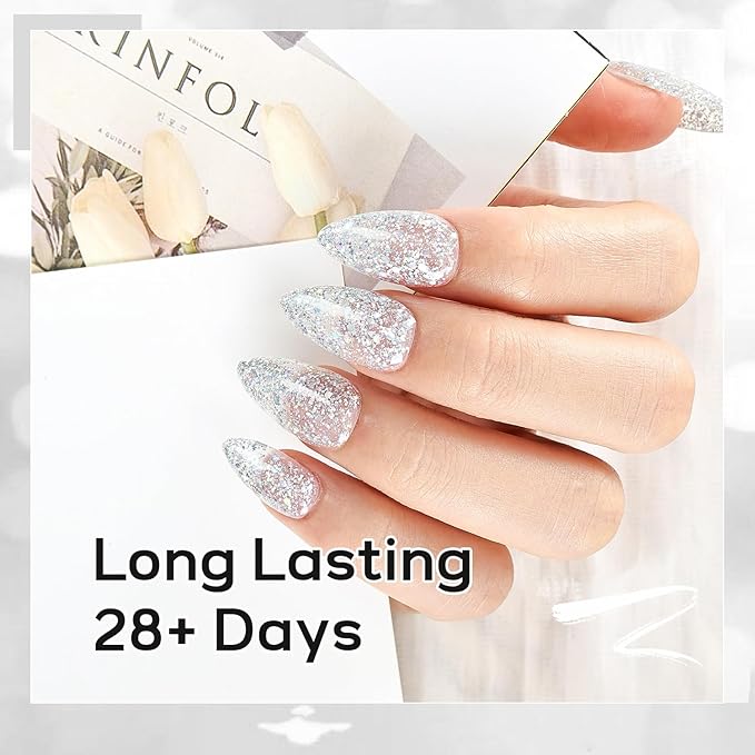 JODSONE Silver Glitter Gel Nail Polish 10ml Soak Off LED Nail Polish Silver Nail Color Salon Quality Vegan & Cruelty-Free Low Odor Need U V Lamp Curing