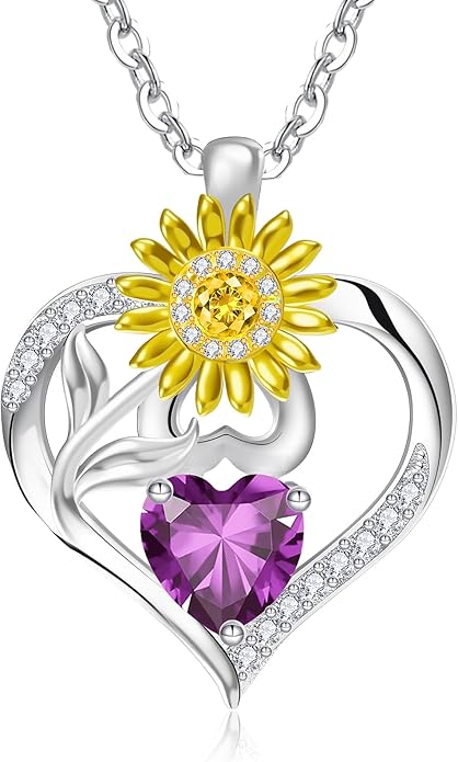 RIVIKO Valentine's Day Gifts for Her-Sunflower Birthstone Necklace for Women,925 Sterling Silver Heart Pendant,Anniversary Birthday Gifts for Women,Birthstone Jewelry for Wife Mother