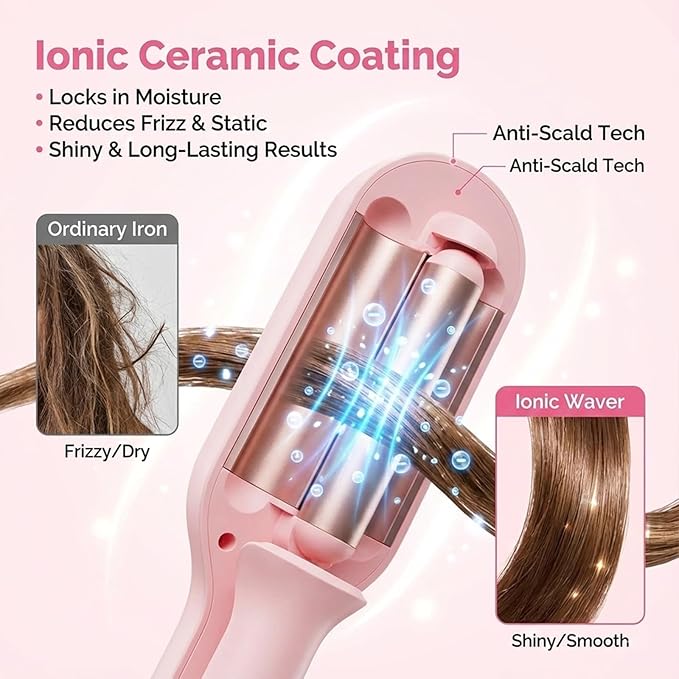 Hair Crimper for Women - Curling Iron Waver Hair Tool to Adjustable Groove - Rizadora para Cabello - Anti-Scald Tech Hair Waver - Ionic Ceramic Coating for Long-Lasting,Fast Heating,Pink, 1/1.25 Inch
