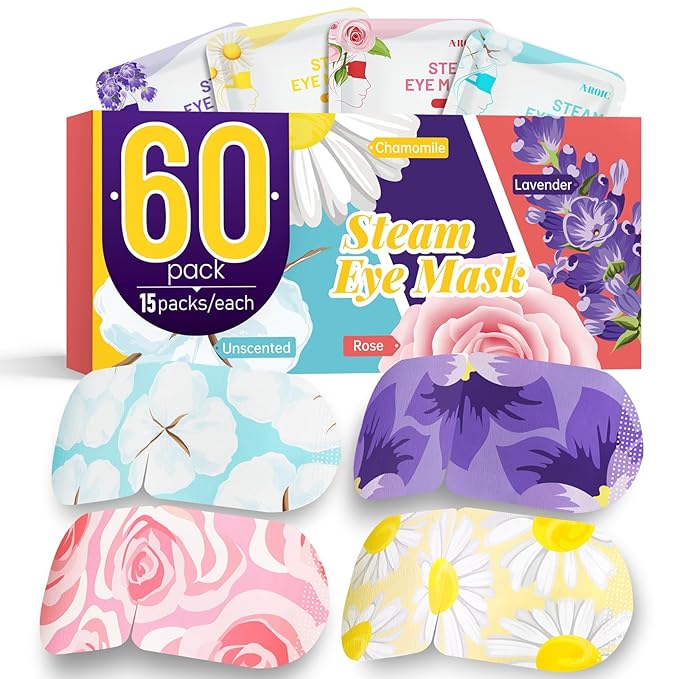 AROIC 60 Pack Steam Eye Masks Disposable for Dry Eyes, Heated Eye Mask Warm Compress for Eyes, Relaxation Valentines Day Gifts, Travel Essentials - Lavender, Unscented, Chamomile, Rose