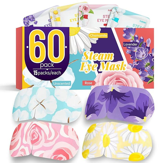 AROIC 60 Pack Steam Eye Masks Disposable for Dry Eyes, Heated Eye Mask Warm Compress for Eyes, Relaxation Valentines Day Gifts, Travel Essentials - Lavender, Unscented, Chamomile, Rose
