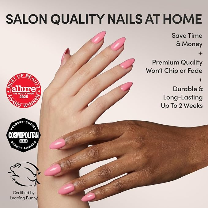 Glamnetic Press On Nails - Flamingo Pink | Opaque Classic Pink Short Almond Fake Nails, Salon Quality | 15 Sizes - 30 Nail Kit