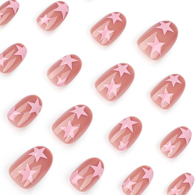 XZMeiLun Press On Nails Spring Acrylic Nails for Women - Pink Star French Designer Fake Nails Short Almond 24PCS, Glossy Soft Gel with Glue, Outdoor Picnic/Wedding/Party Reusable Stick On Nails Gift