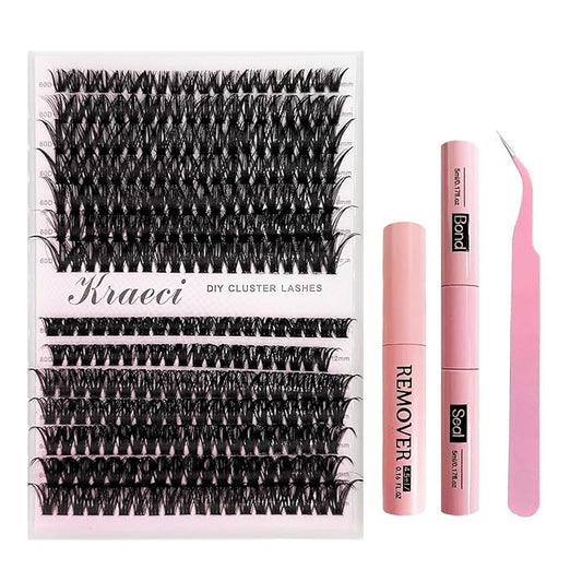 Kraeci Lash Extension Kit DIY with Adhesive Remover for Safe Removal, 280 Clusters 10-18mm, 60D/80D Volumes, Bond Glue, Sealant, Tweezers, Home Use Eyelash Starter Kit