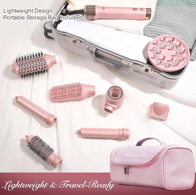 Mythsight StyleVibe 8-in-1 Air Styler, Hair Dryer & Blow Dryer Brush with Travel Case - Auto Wrap Curls (L/R), Fast Drying, Thermal Round Brush for Smooth Blowouts & Frizz-Free Volume, No Heat Damage