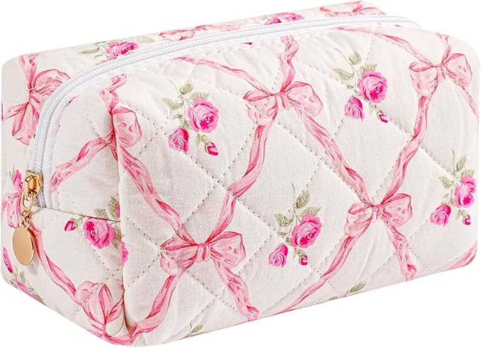 Cute Floral Makeup Bag Small Cotton Quilted Cosmetic Bag, Aesthetic Essential Bag Emergency Bag Gift for Women Girls Travel Accessories (Pink Bowknot Rose)