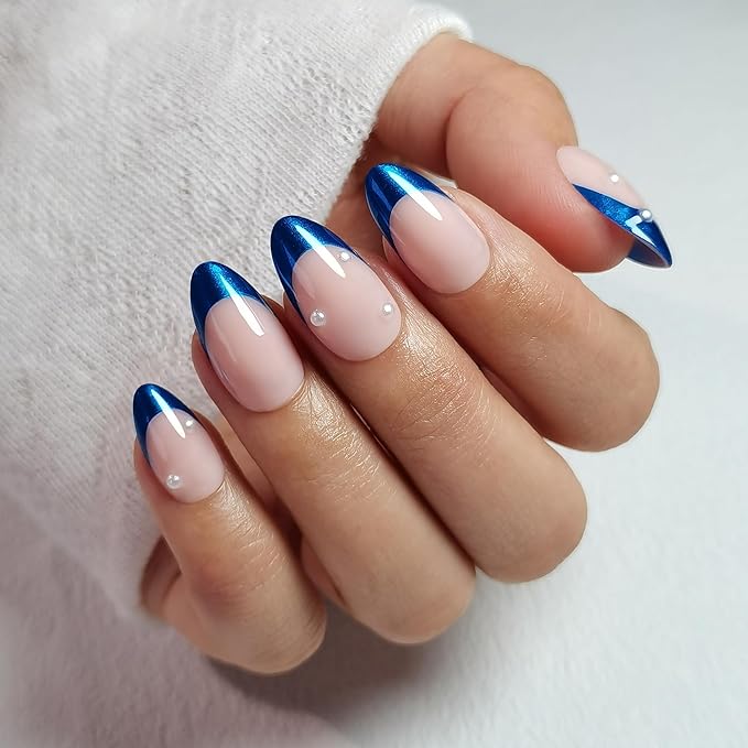 RPNZL Press On Nails - Ocean | Blue Chrome French Tip with Pearl Design, UV Finish Almond Nails, Salon Quality | 32 Nails, 16 Sizes Kit with Glue and Adhesive Tabs I Female Founded