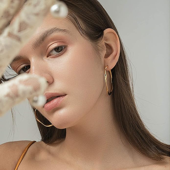 Gold Hoop Earrings Set for Women: Thick 14k Gold Plated Oval Teardrop Sensitive Ear Jewelry Pack Hypoallergenic Hoops Earringsfor Women Fashion (20-35mm)