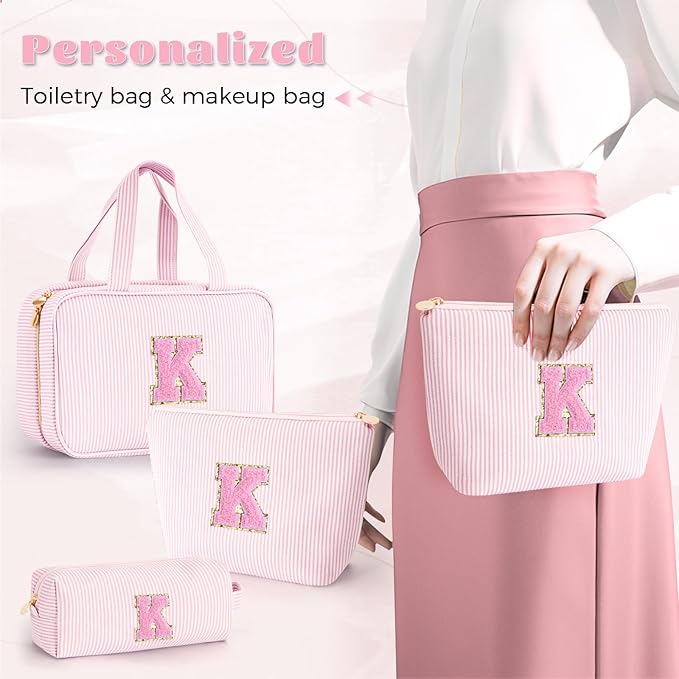 Valentines Day Gifts for Teenage Girls - Teen Girl Initial Toiletry Bag | Cosmetic Travel Makeup Bag | 8 9 10 11 12 13 14 15 16 Years Old Girl Trendy Stuff - Pink K