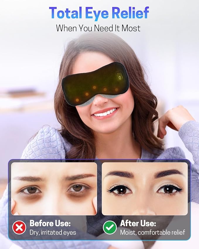 Heated Eye Mask for Dry Eyes, Stye Relief and Improved Sleep - Cordless Rechargeable Warm Compress with Graphene Heating, 3 Temp Settings, Auto Shut-Off, Washable Sleep Mask for Travel