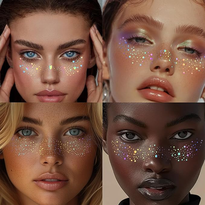 HOSAILY 12 pcs Holographic Multichrome Glitter Freckles Face Tattoo, Waterproof Sparkle Face Glitter Speckles Patches for Women, Cute Star Glitter Temporary Tattoo Makeup Accessories for Festival Rave