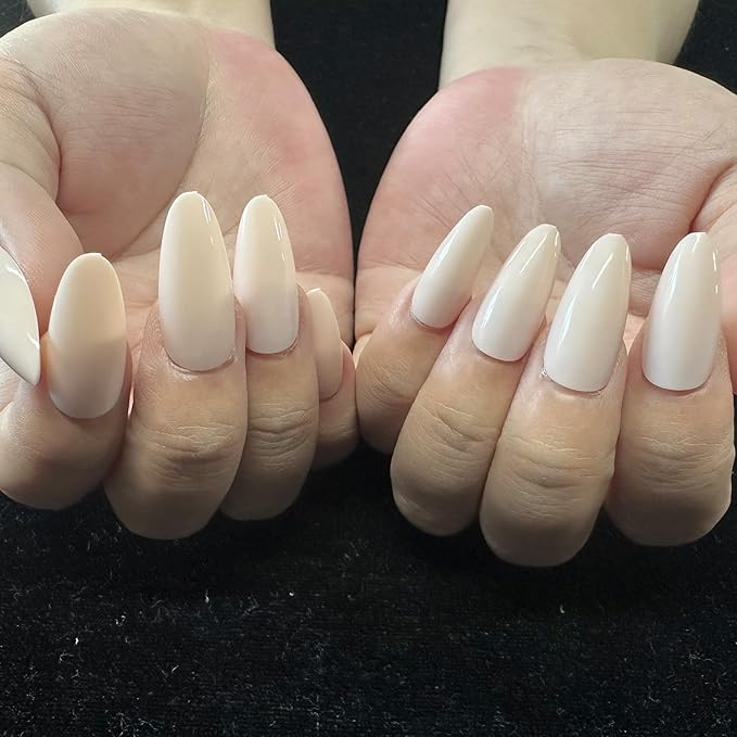 JONKASIPA French Tip Fake Nails - Flesh Pink Almond Press-On Nails, Acrylic Artificial Nails, Includes 32 Pieces of Nail Stickers Set Designed for Women