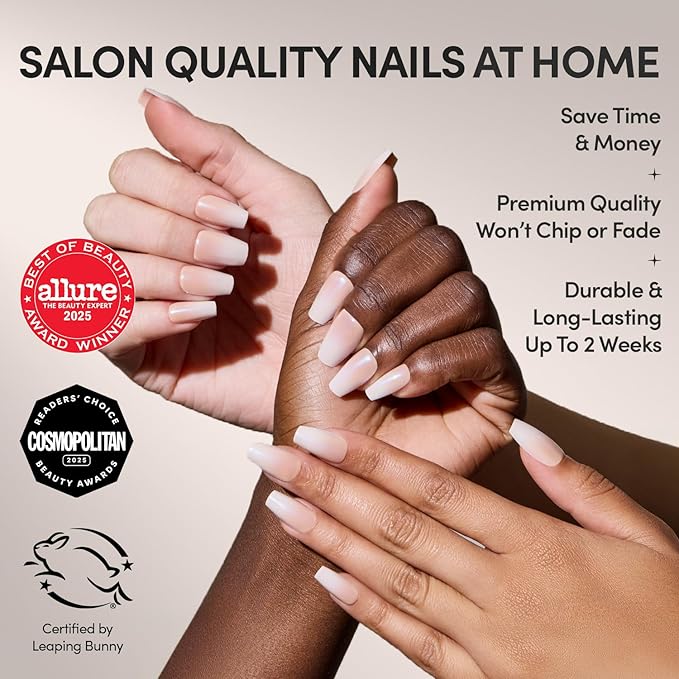 Glamnetic Press On Nails - Delicate Touch | Glazed Medium Coffin Nude Fake Nails with Ombré, Salon Quality Neutral Nails | 15 Sizes - 30 Nail Kit with Glue