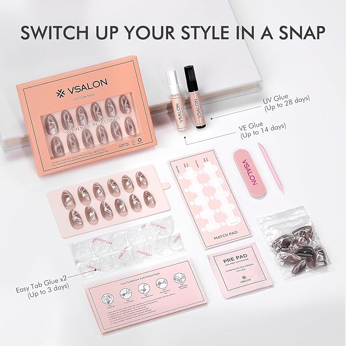 VSALON Press On Nails Short Almond, 32 Pcs 16 Sizes Cat Eye Press On Nails Silver Shimmer Ribbon Sparkly Fake Nails With UV Glue Reusable Stick On Nails Semi-transparent Valentines Gifts For Women