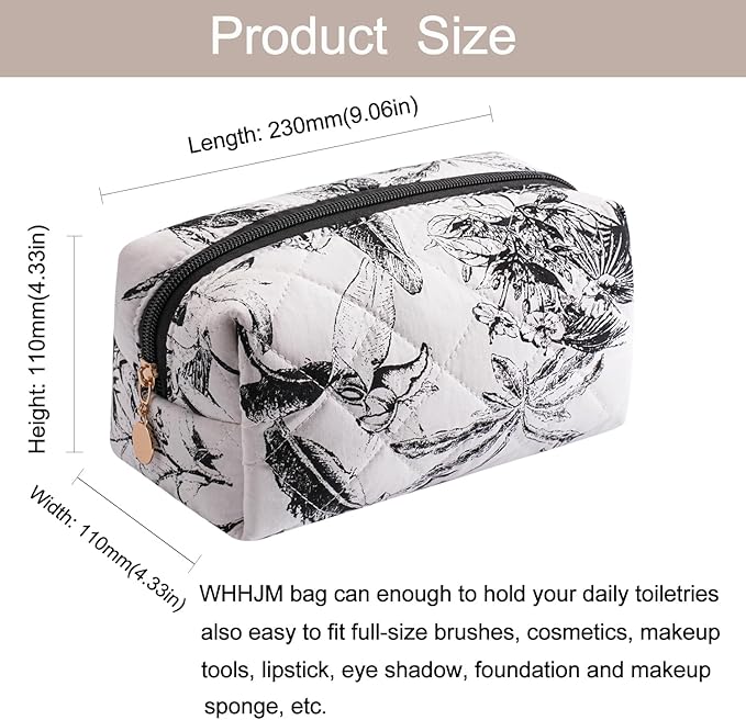 Cute Floral Makeup Bag Small Cotton Quilted Cosmetic Bag, Aesthetic Essential Bag Emergency Bag Gift for Women Girls Travel Accessories (Sketch Leaves)