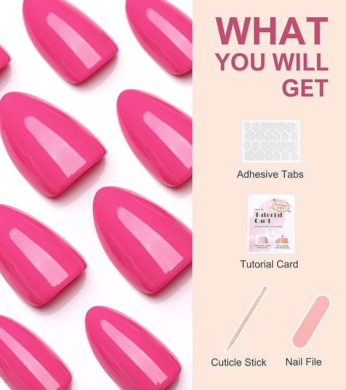 Morily 30Pcs Hot Pink Press on Nails Almond, Short Fake Nails Glossy Acrylic False Nails Reusable Full Cover Stick on Nails for Women, 15 Sizes, Thicker Fingertips