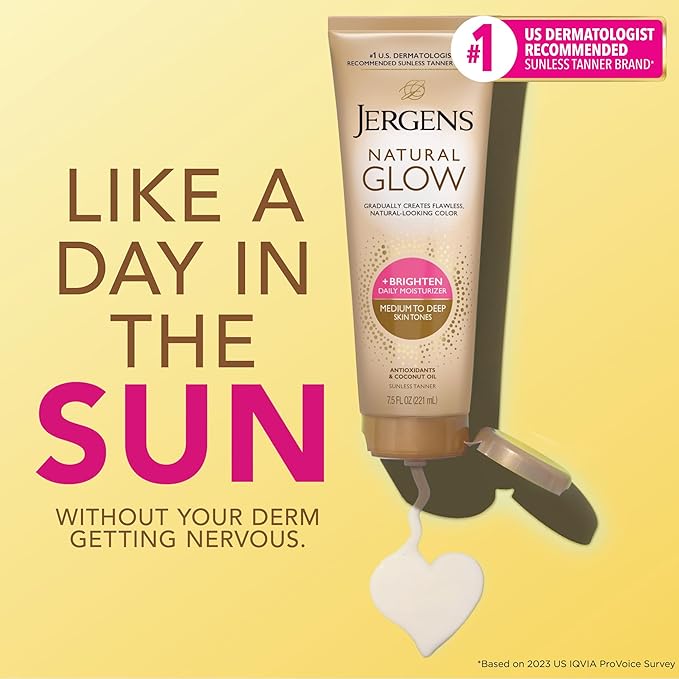 Jergens Natural Glow Self Tanner Body Lotion, Sunless Tanning, Medium to Deep Skin Tone, Daily Moisturizer with Coconut Oil, Vitamin E and Antioxidants, 7.5 Oz