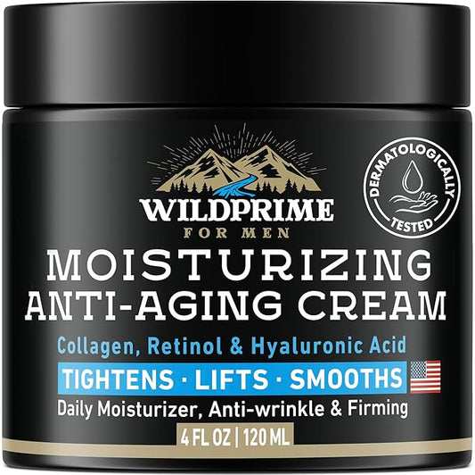 Men's Face Moisturizer Cream - Anti Aging & Wrinkle - Men's Shave Lotion - Made in USA - Collagen, Hyaluronic Acid, Vitamins E & A, Avocado Oil - Age Facial Skin Care, Day & Night Moisturizing, 4 oz