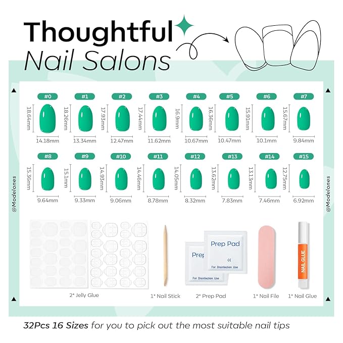 modelones Bright Green Short Press on Nails, Oval Fake Nails Kit Press Ons with Nail Glue, Adhesive Tabs, Nail File, Prep Pad, Manicure Stick, 32Pcs 16 Sizes