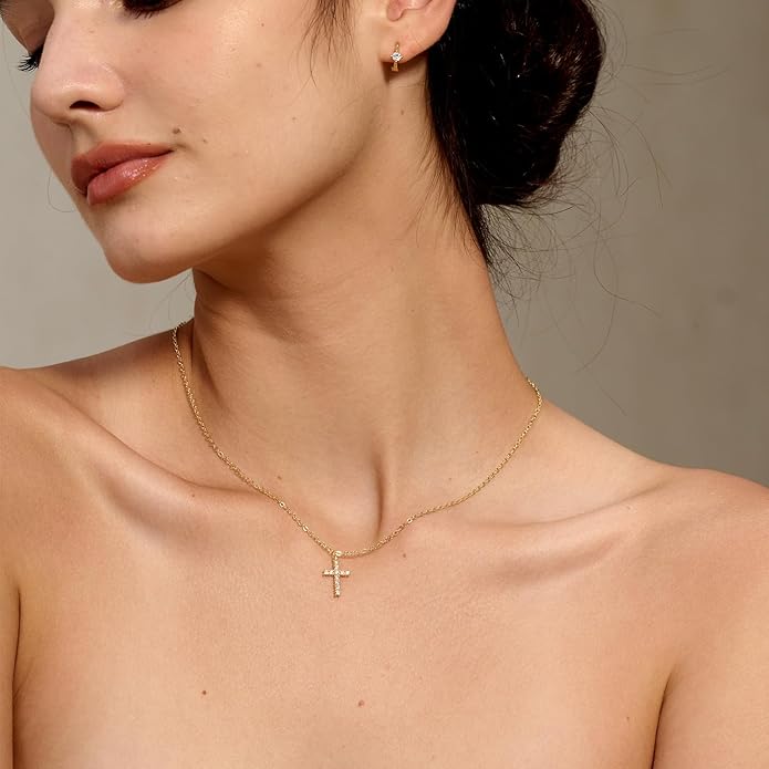 Tewiky Cross Necklace for Women-Dainty Simple 14k Gold Plated/sterling silver Plated Cross Pendant Cute Necklaces Jewelry for Women