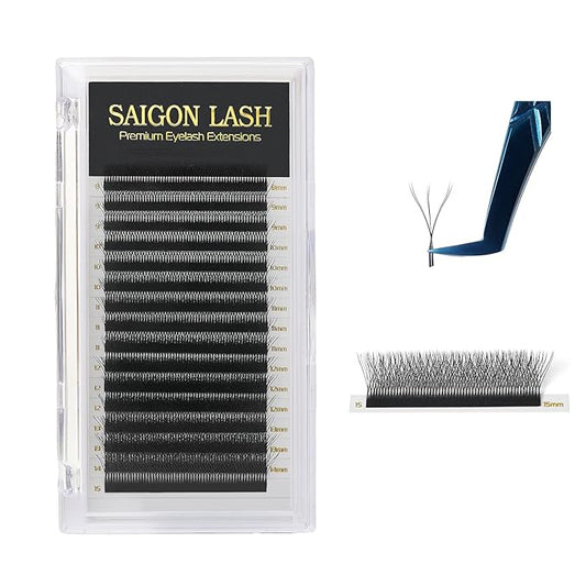 SAIGON LASH W-Shaped Eyelash Extensions, 3D Premade Fan Lashes 0.07 B C CC D DD Curl, Matte Black Volume Lash Extensions, Easy Fanning Lash Tray, 8–15mm Mixed Length, 16 Rows (3DW Lash DD-0.07)