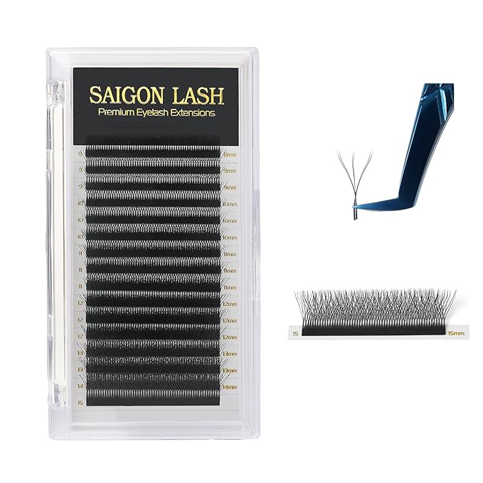 SAIGON LASH 3DW W-Shaped Eyelash Extensions, 3D Volume Fans, 0.07 B C CC D DD Curl, 8–15mm Mixed Length, Premade Cluster Lashes, Matte Black Easy Fanning Lash Tray for Professionals (3DW Lash B-0.07)