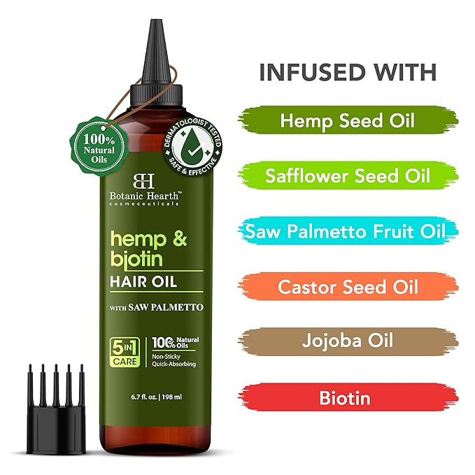 Botanic Hearth Hair Oil for Hair Growth & Hair Relaxer | Strengthening Dry, Frizzy, Damaged Hair & Scalp Treatment | Hemp & Biotin Hair Oil – 6.7 Fl Oz