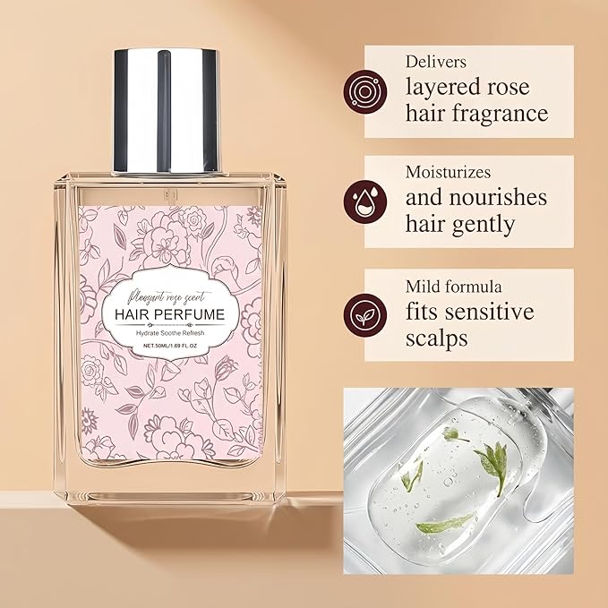 Rose Hair Perfume for Women - Long Lasting Hair Mist, Nourishing & Frizz Control Spray with Lightweight Rose Scent, Daily Moisturizing Fragrance for All Hair Types, Portable 50ml