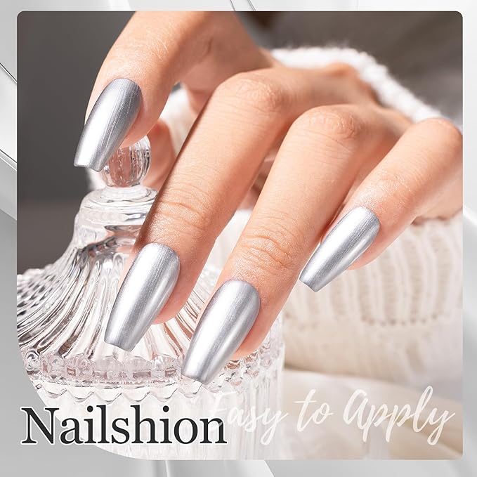 Nailshion Metallic Silver Nail Polish with Base Top Coat, 3 IN 1 Nail Strengthener Quick Dry Clear Nail Polish Duo, Opaque, Non-Gel, Vegan, Liquid Silver Glossy Chrome Nails Art Gift for Women Girls