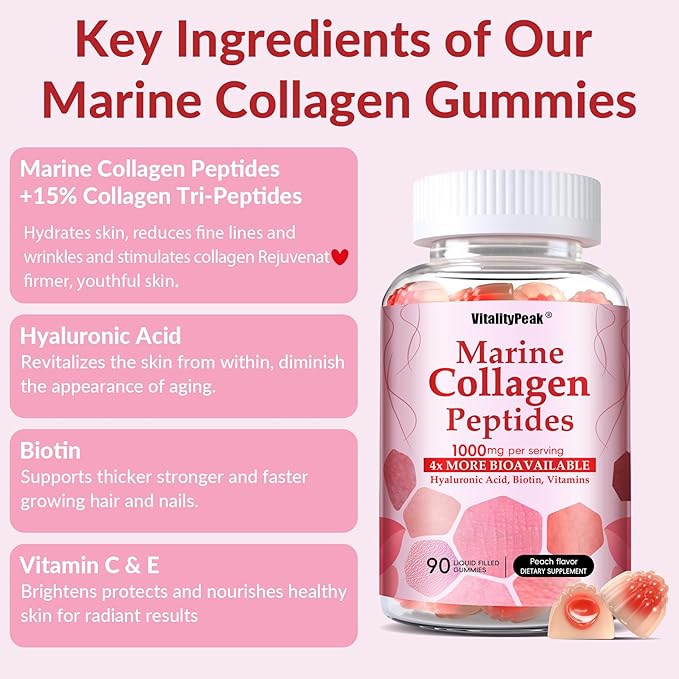 VitalityPeak Marine Collagen Gummies for Women- Hydrolyzed Collagen Peptides 1000mg with Biotin,Vitamin C, E, Hyaluronic Acid- Collagen Supplement for Healthy Skin Hair Nails- Sugar Free, 90 Counts