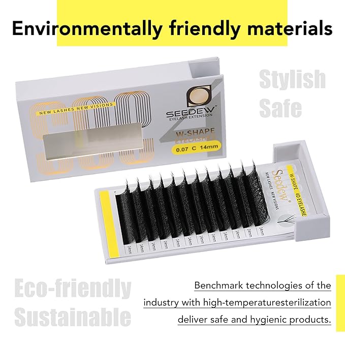 SEEDEW 4D Lash Extensions, 0.07mm C Curl 10mm 12 Rows/Tray, W Shape Flat Stem, Korean PBT Volume False Eyelashes Grafting for Beginner Artist, Lash Tech, Beauty Salon(4D-Matte Black-0.07-C-10mm)