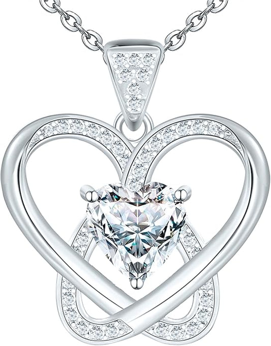 Yuelove Infinity Necklace for Women, 925 Sterling Silver Heart Necklace with 5A Zircon, White Gold Plated Adjustable Chain, Gift for Valentine's Day, Birthday, Anniversary for Wife, Girlfriend, Mom