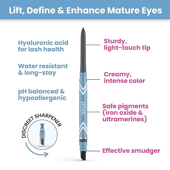 PRIME PROMETICS PrimeEyes Glide Eyeliner for Mature Women – Waterproof, Long-Stay and Mess-Proof – Gel Creme Texture, Discreet Sharpener and Effective Smudger (Mocha Shimmer)