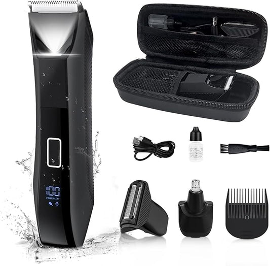 Beatslm Body Trimmer for Men, Groin & Body Hair Trimmer, Ball Foil Shaver, Nose Hair Clippers, 3 in 1 Men's Waterproof Wet/Dry Groomer with Travel Case &Travel Lock, LED Display, Black