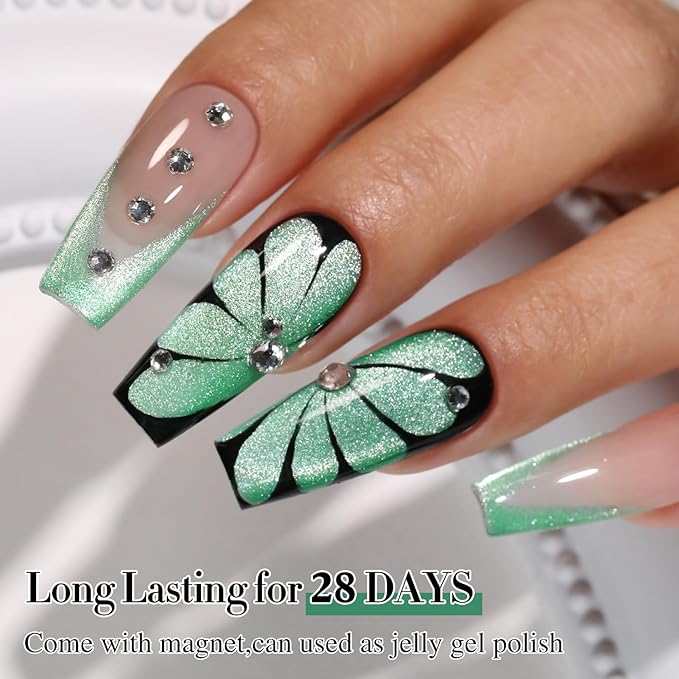 Double Rhythm Jelly Glass Cat Eye Gel Polish with Magnet 15ML Holographic Glitter Shimmer Translucent Sheer Color Magnetic Gel Polish Salon DIY at Home (Spring Green-MC1067)