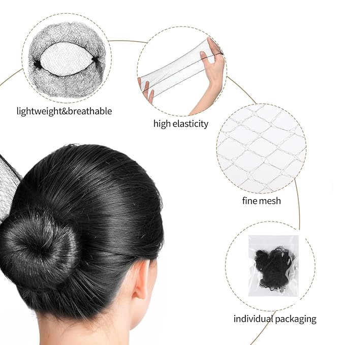 80Pcs Hair Net Set，30 Invisible Elastic Nylon Hair Net，40 U-Shaped Hair Pins and 10 Elastic Hair Ties,Suitable for Ballet Bun, Food Service, and Everyday Use（Black）
