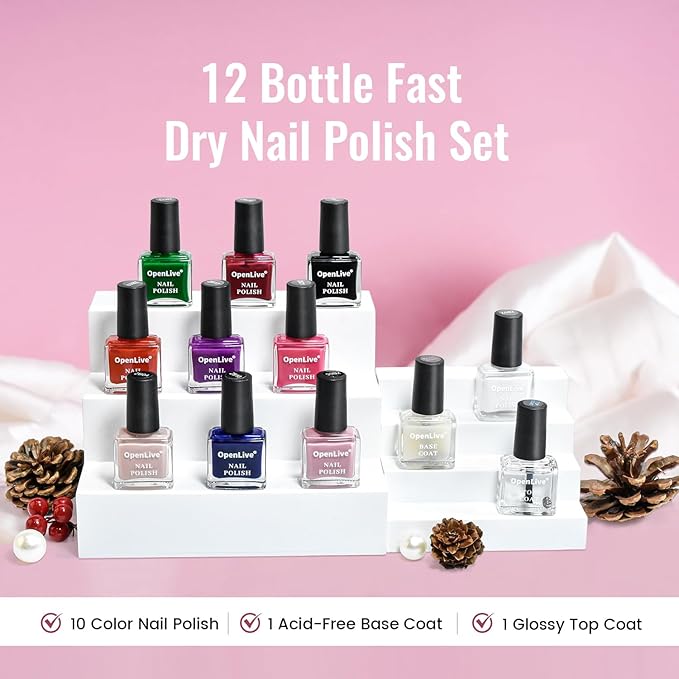 OpenLive 12 PCS Nail Polish Set With 10 Colour Combo, 2 PCS Base And Top Coat,Fast Drying Nail Polish For Home DIY And Beginners.