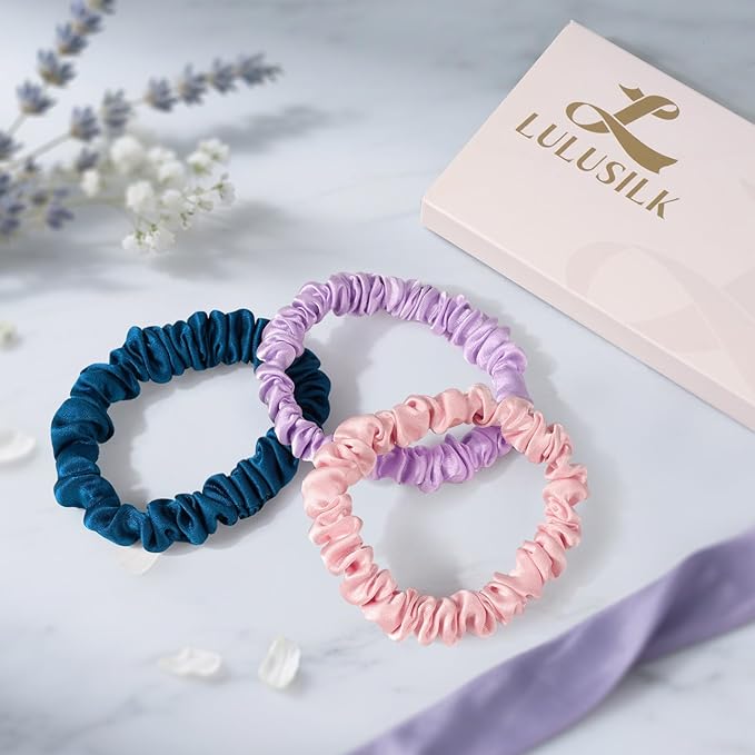 LULUSILK Small Silk Hair Ties No Damage, 100% Real Mulberry Silk, Skinny Scrunchies Ponytail Holders for Thin Fine Hair, Pink Peacock Blue and Lavender, Pack of 3