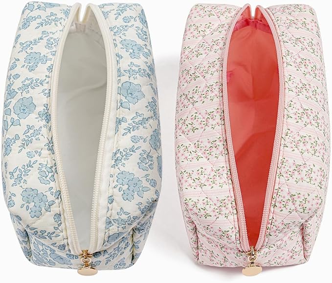 Cute Floral Makeup Bag Small Cotton Quilted Cosmetic Bag, Aesthetic Essential Bag Emergency Bag Gift for Women Girls Travel Accessories (Two Pack: Blue + Pink Floral)