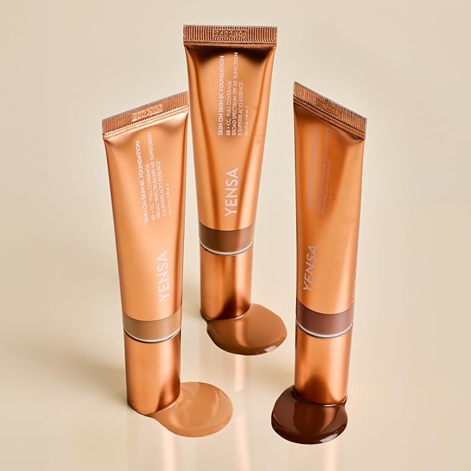 YENSA Skin on Skin BC Foundation Makeup - CC, BB Cream & Full Coverage Foundation-In-One - Buildable, Radiant Finish with SPF 40, Hyaluronic Acid, Peptides & 8 SuperBlacks - Medium Neutral (1 oz)
