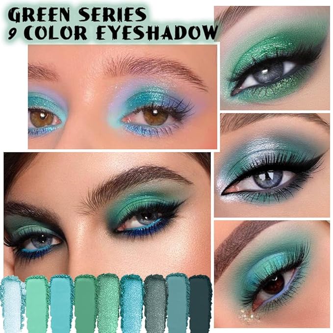 AMY'S DIARY Matte Shimmer Light Deep Green Eye Shadow Palette Makeup,Teal Eyeshadow Long Lasting Waterproof Cruelty-Free, 9 Blendable Shades in Smooth Finishes with Gorgeous Pearls for Girls (Green)
