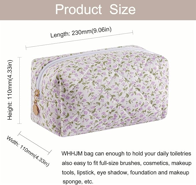 Cute Floral Makeup Bag Small Cotton Quilted Cosmetic Bag, Aesthetic Essential Bag Emergency Bag Gift for Women Girls Travel Accessories (Purple Flowers)