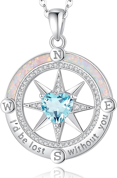 FANCIME Compass Necklace for Women Sterling Silver Compass Jewelry Opal Pendant Fine Jewelry Gemstone Birthday Christmas Gifts for Wife