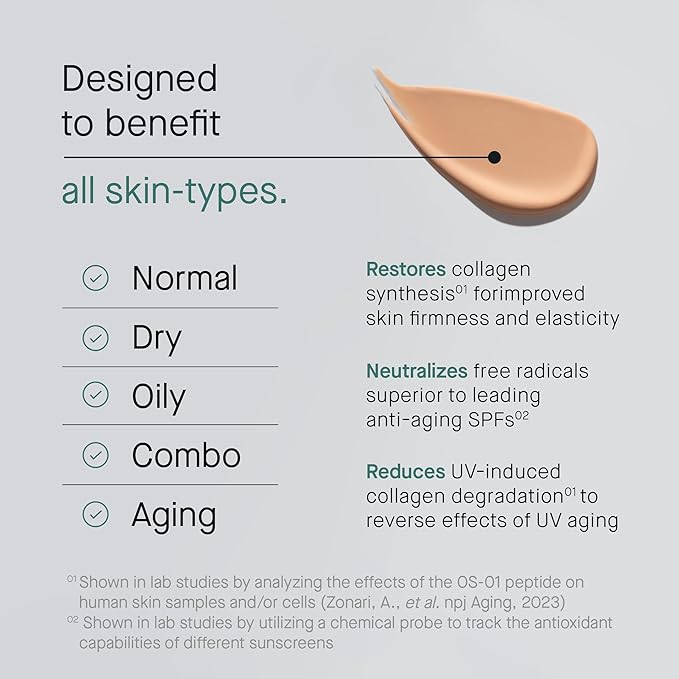 OneSkin FACE SPF OS-01 Peptide Broad Spectrum SPF 30+ Mineral Sunscreen- Scientifically Proven to Protect Skin from UV Aging, Includes Potent Antioxidants (Tinted)